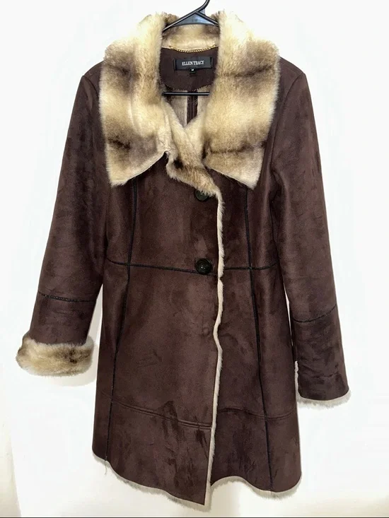 Ellen Tracy Faux Shearling Faux Fur Women’s Dark Brown Coat Size M - Picture 1 of 8